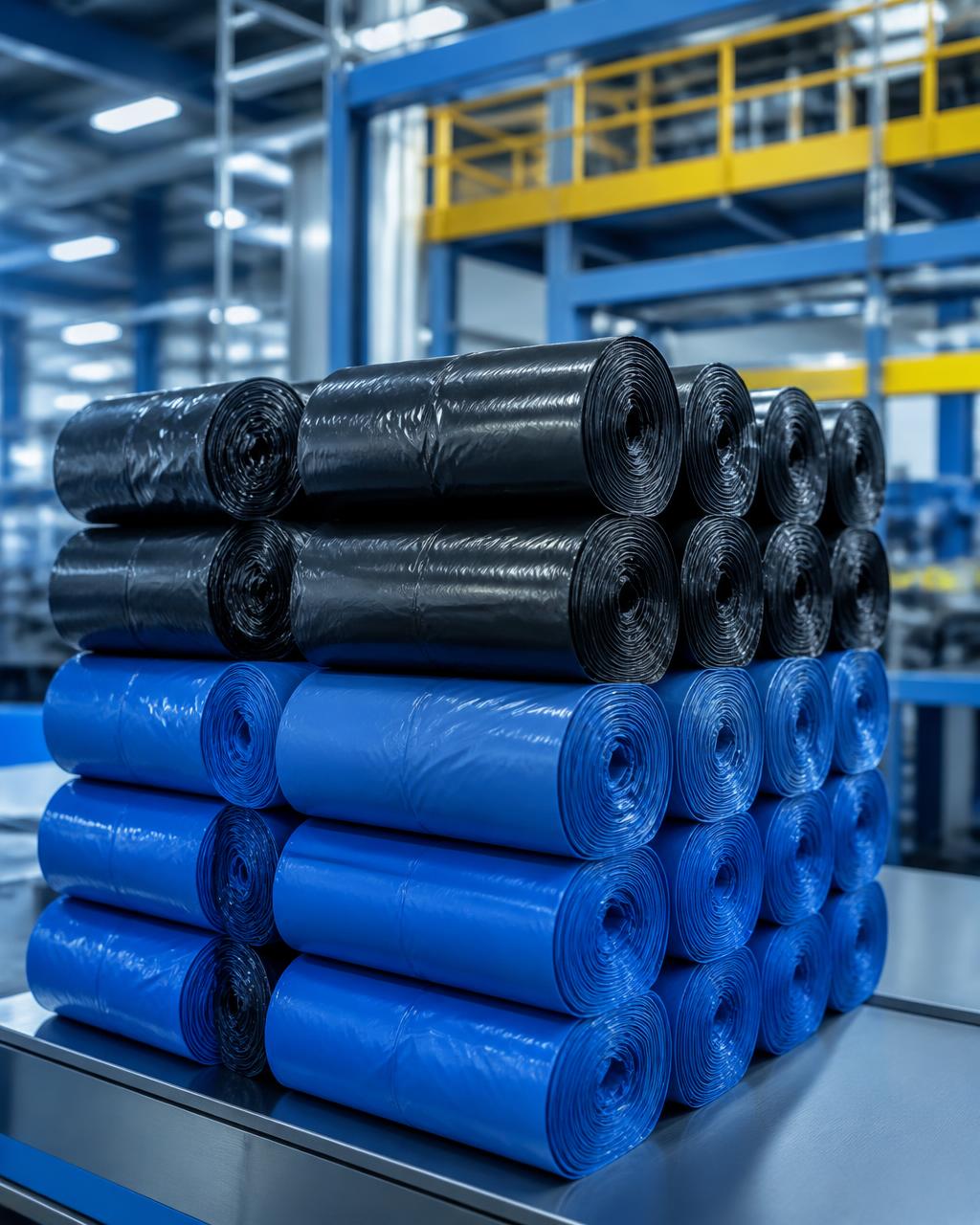 Rolls of black and green garbage bags packed for export