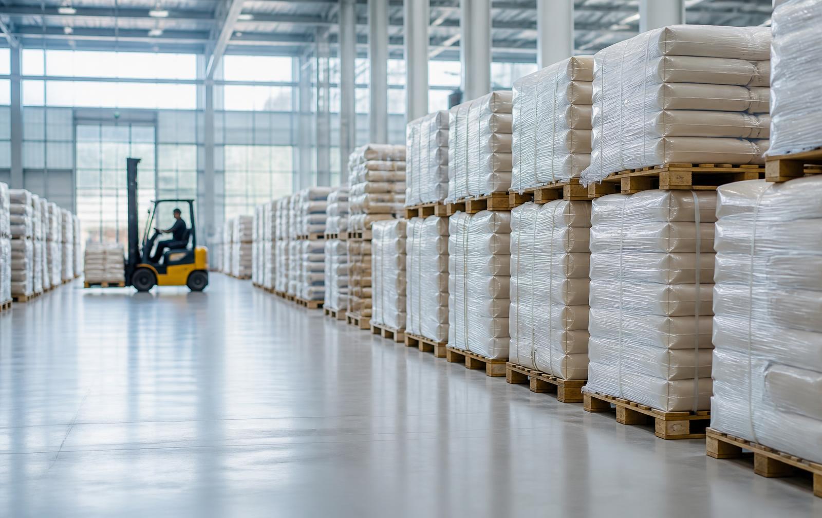 Palletised export sacks stacked in a modern warehouse