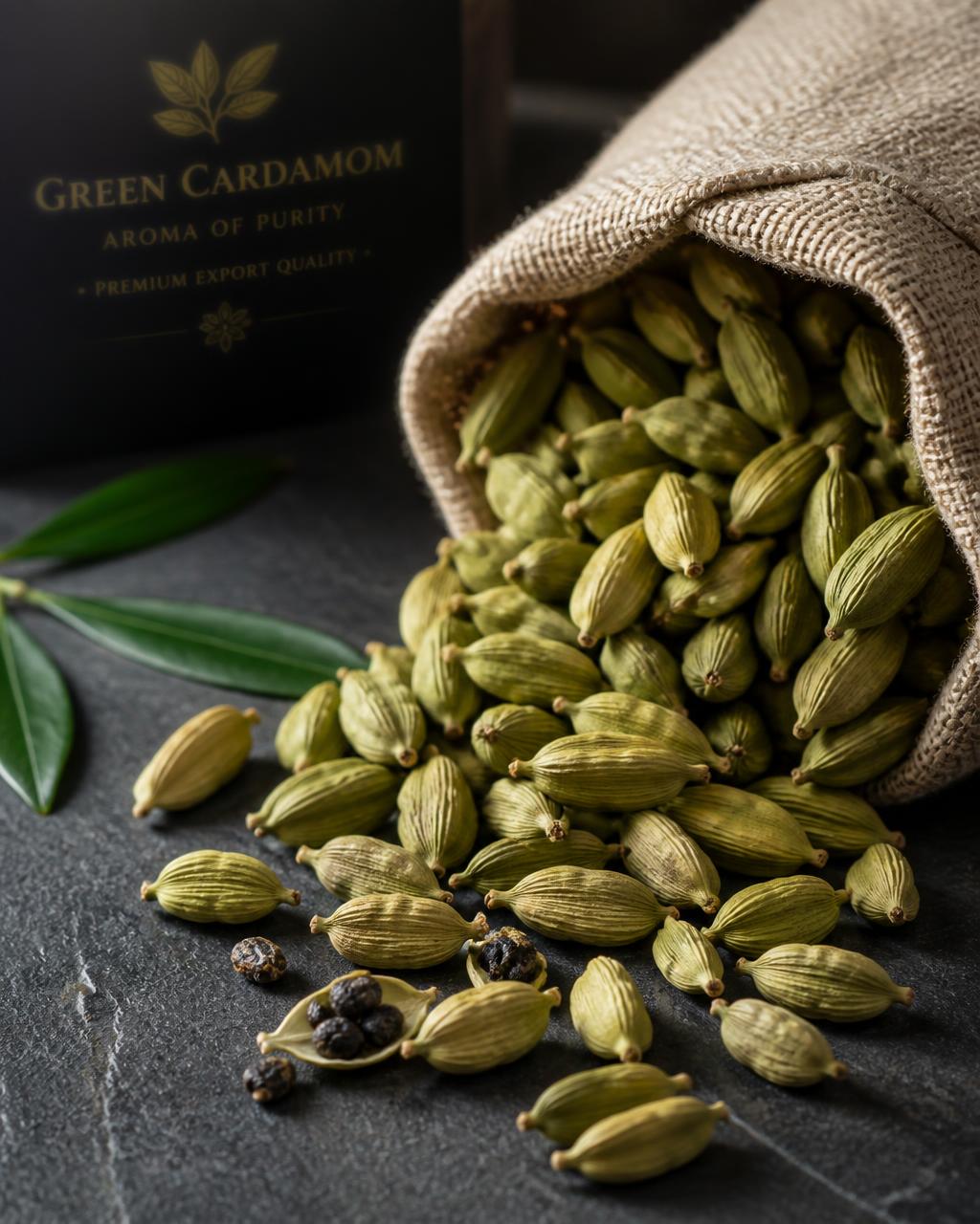 Premium green cardamom pods spilling from a linen sack onto dark slate