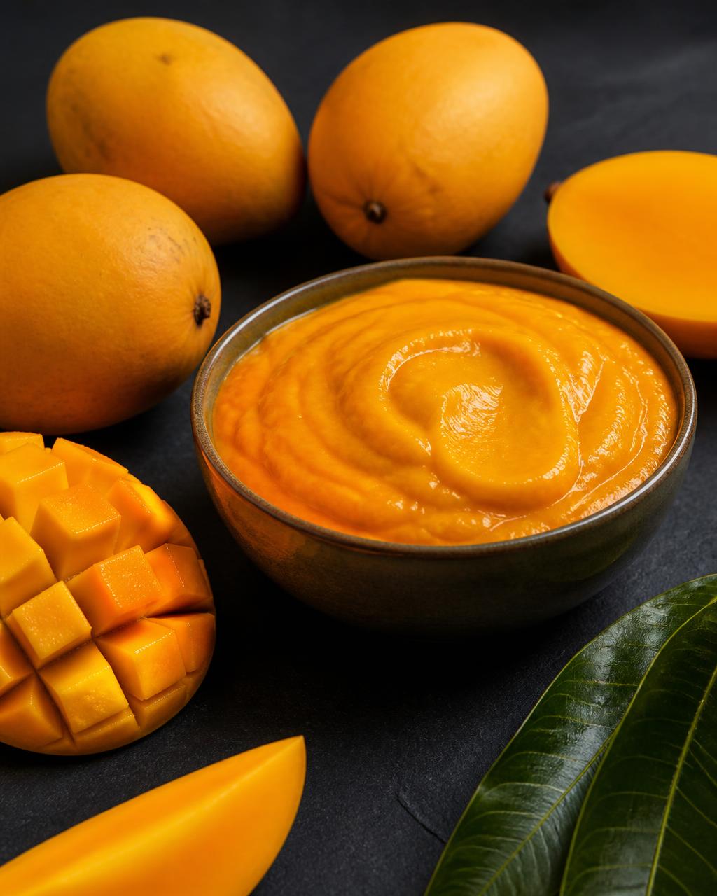 Golden mango pulp with fresh mangoes