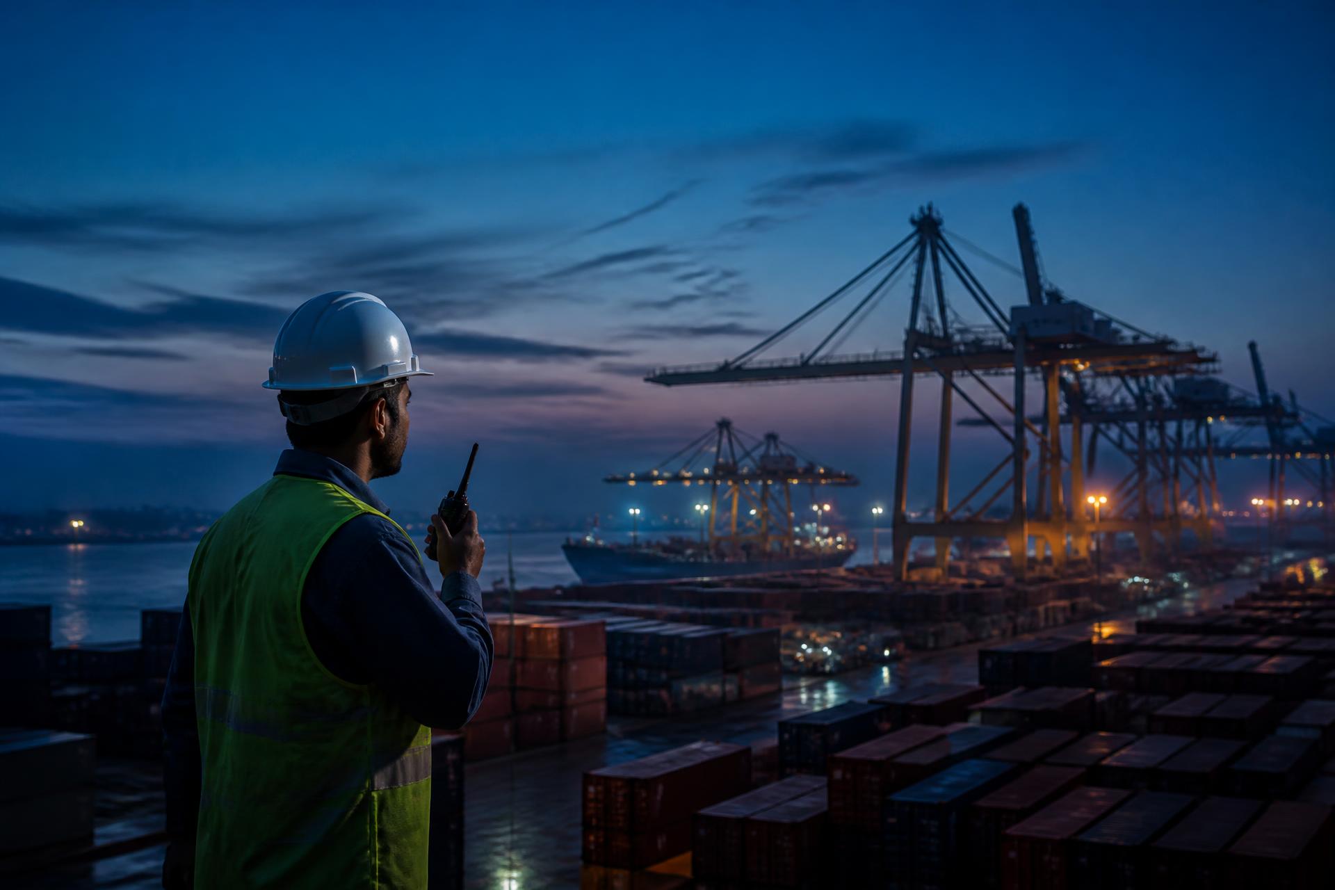 Container terminal at dusk with gantry cranes loading a vessel