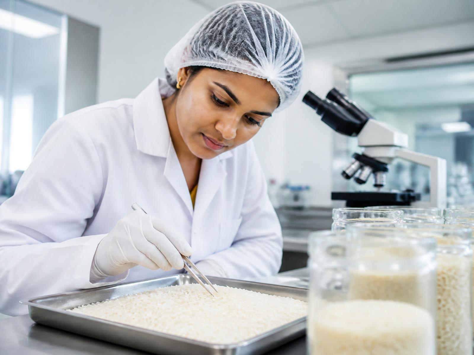 Quality technician inspecting rice grains on a stainless steel tray in a laboratory